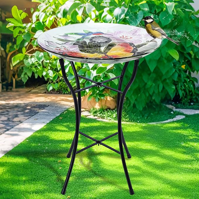 MUMTOP Glass Bird Baths for Outside, 16 Inch Width Outdoor Garden Hummingbird Butterfly Bird Bath Bowl with Solar Light and Metal Stand, Large Glass Birdbath Bird Feeder for Yard Decor, 20 Inch Height