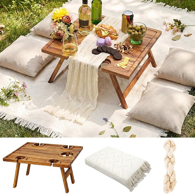 Novabright 3 Pcs Picnic Kit Folding Portable Wine Picnic Table Extra Large Outdoor Boho Blanket 91'' x 71'' Table Runner Woven Cotton Oversize Washable for Romantic Camping Wedding(Beige)