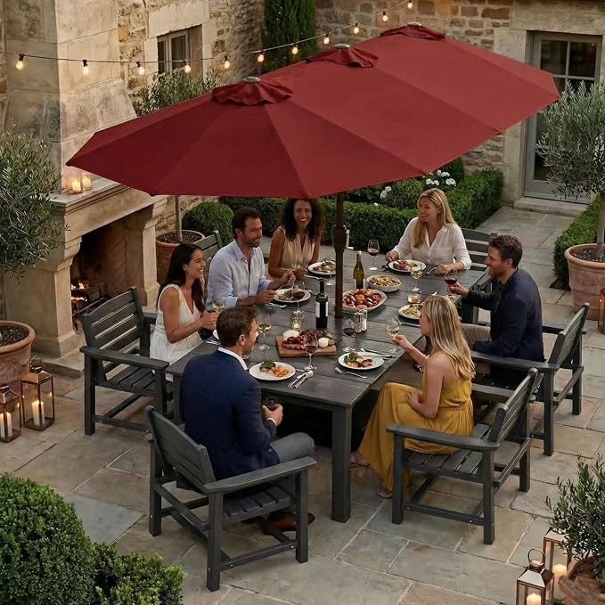 Kingdura 13ft Large Patio Umbrella with Base Included, Double-Sided Rectangle Outdoor Table Umbrella with 12 Reinforced Ribs, Crank Lift for Market Pool Deck Backyard, Dark red