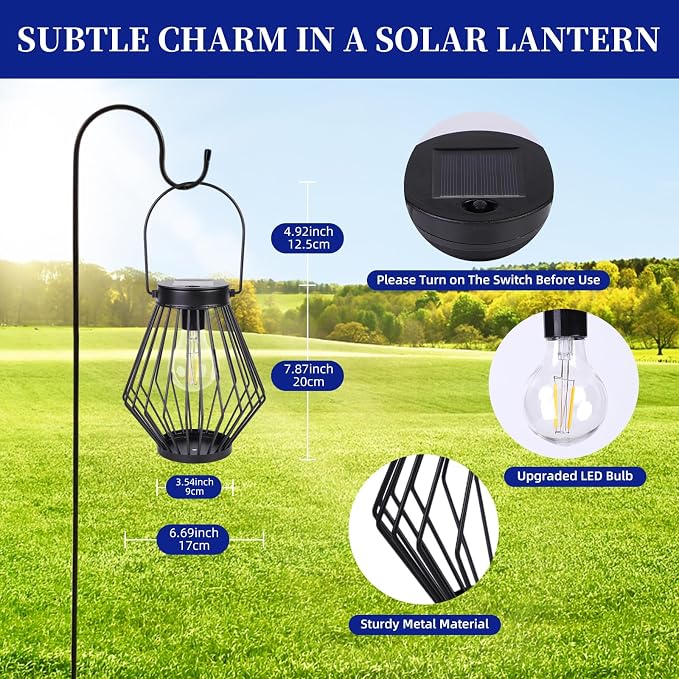 Solar Hanging Lantern Outdoor Waterproof, Metal Decorative Light with LED Bulb, Solar Powered Tabletop & Balcony Lighting – Garden Decor for Yard, Patio & Porch, Gift for Mom & Grandma