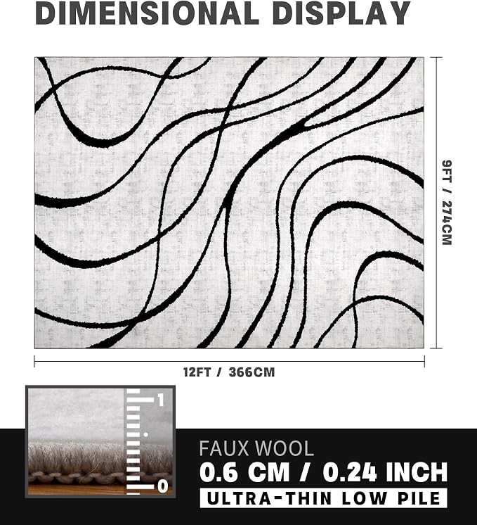 Modern Area Rugs for Living Room, 9x12 Washable Black and White Rug, Thin Abstract Geometric Striped Rug, Area Rug for Bedroom,Kitchen,Dining Room,Office