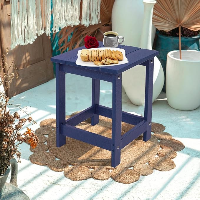 LZRS Patio Side Table, Heavy Duty HDPE Outdoor End Table with Wood Texture, Weatherproof Composite Table for Adirondack Chairs, Deck, Pool, Indoor/Outdoor, No Peeling or Cracking(Navy Blue)