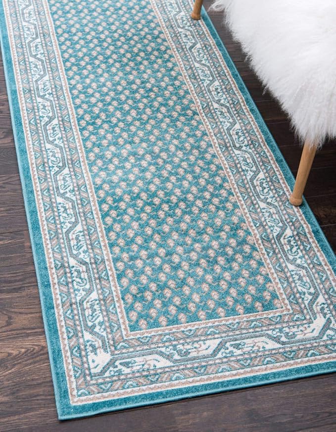 Unique Loom Williamsburg Collection Traditional Border with Dotted Center Area Rug, Runner 2' 9" x 9' 10", Teal/Beige