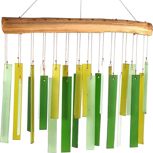 Blue Handworks Spring Colors Glass and Driftwood Chime - Sandblasted Glass and Found Wood Hand Crafted Wind Chime | Sandblasted Glass and Found Wood Hand Crafted Wind Chime