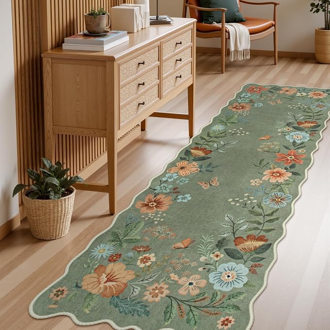 Lahome Floral Washable Runner, 2'6''x8' Soft Hallway Runner Rug Non Slip | Boho Ultra-Thin Kitchen Runners for Hallways with Rubber Backing Carpet for Laundry Bedroom Flore (Green)