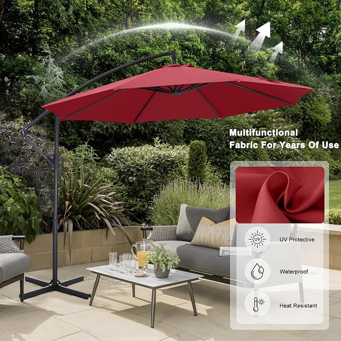 ABCCANOPY 10FT Cantilever Patio Umbrella with base included, 360° Rotation Outdoor Offset Umbrella for Backyard, Deck, Poolside (Dark Red)