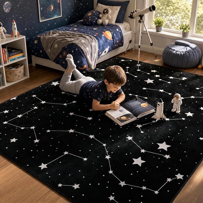 9CH Black White Star Rugs 5'x7' Space Galaxy Rug for Living Room | Celestial Starry Constellation Carpet Soft Durable, Non-Slip, Washable, Stain Resistant for Bedroom, Dining Room