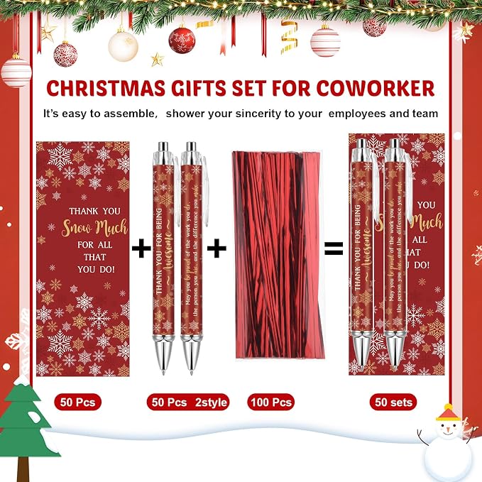 Tenceur 50 Sets Winter Pens Bulk Thank You Snowflake Ballpoint Pens Employee Appreciation Gift Inspirational Coworker Gift with Cards Twist Ties for Office Coworker Staff Nurse Teacher(Red)