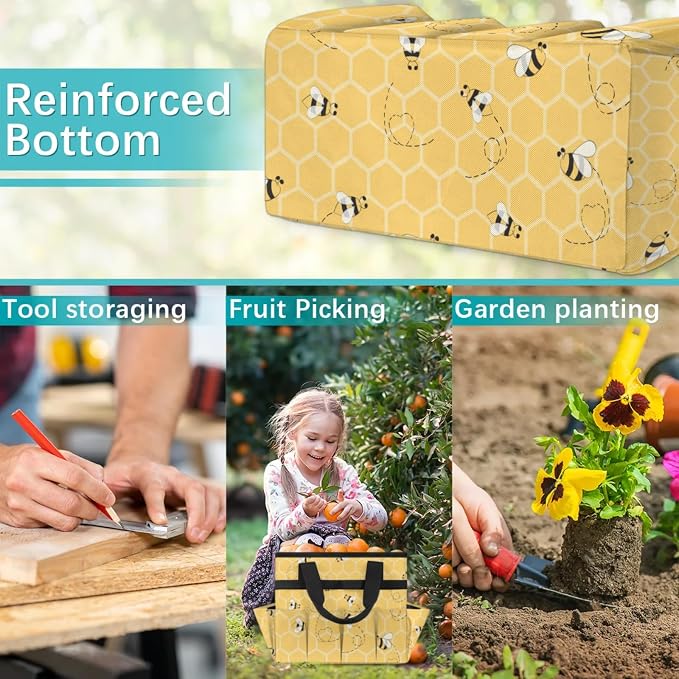 Yellow Bee Gardening Tool Bag,Heavy Duty Garden Tote Bag,Portable Oxford Gardening Storage Basket Organizer Handbag with Pockets Handle,Hand Tools Gifts for Outdoor Garden Lawn Yard