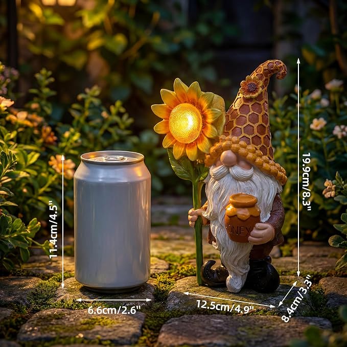 Lyeasw Solar Garden Gnomes Gifts - Garden Gnome Decor Outdoor - 8.3 Inch Honey Pot Funny Figurines for Birthday Anniversary Gardening, Unique Sunflower Decorations for Mom & Grandma Yard Patio