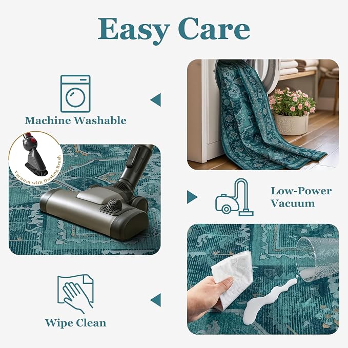 Luxurious Teal Living Room Rug 6x9, Washable Non Slip Rug for Dining Room Under Table, Vintage Medallion Vibrant Low Pile Thin Carpet Rugs for Bedroom Den Home Office