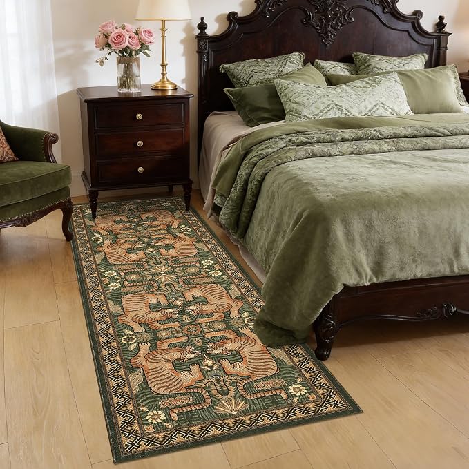 GarveeHome Tiger Print 2.5'x8' Washable Non Slip Runner Boho Hallways Rugs | Green Kitchen Runner Ultra Thin Soft Vintage Tribal Indoor Throw Floor Carpet for Laundry Entryway Bedroom Bathroom