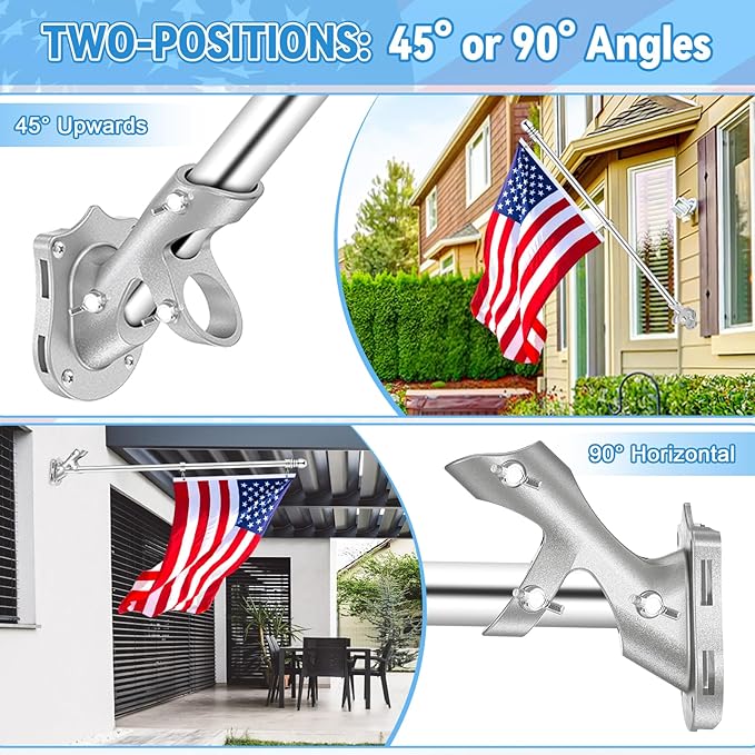 Flag Pole Holder for Outside House, REERON 2-Positions Metal Flagpole Brackets Mount, 1" Aluminium Rustproof Flag Pole Wall Porch Mounting Bracket with 3 Fixed Holes & Steel Hardwares (Silver-2 Pack)