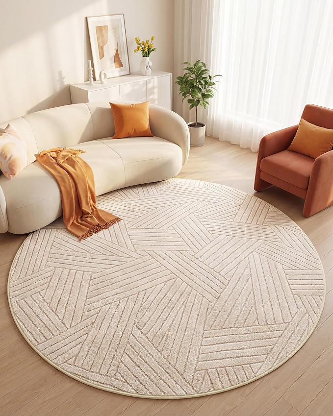 Carvapet 5.2ft Round Rug Beige Washable High Low Pile Carpet | Soft plush washable carpet with high low pile texture and non slip backing for living rooms, bedrooms and family spaces
