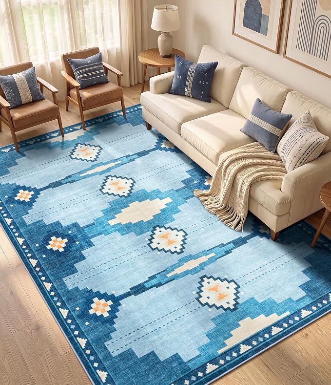 6'x9' Washable Area Rug for Living Room, Mid Century Modern Blue Rug | Soft, Non-Slip, Geometric Coastal Aztec Design, for Bedroom Dining Nursery Room Playroom, Low Pile, Pet Friendly
