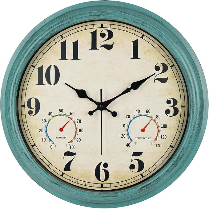 zyzamay 16 Inch Green Vintage Indoor/Outdoor Wall Clock with Thermometer & Hygrometer & Waterproof, Large Silent Sweep Numerals, Perfect for Porch, Garden, Pool