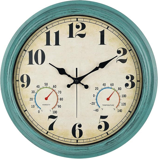 zyzamay 16 Inch Green Vintage Indoor/Outdoor Wall Clock with Thermometer & Hygrometer & Waterproof, Large Silent Sweep Numerals, Perfect for Porch, Garden, Pool