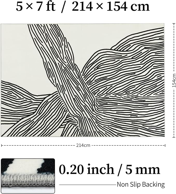 5×7Ft Area Rugs, Abstract Washable Rug, Modern Black and White Rug for Bedroom Living Room Dining Room Office Playroom Nursery, Nonslip Throw Non-Shedding Thin Contemporary Striped Rugs | Soft low-pile modern striped 5x7 rug with non-slip backing; mach...