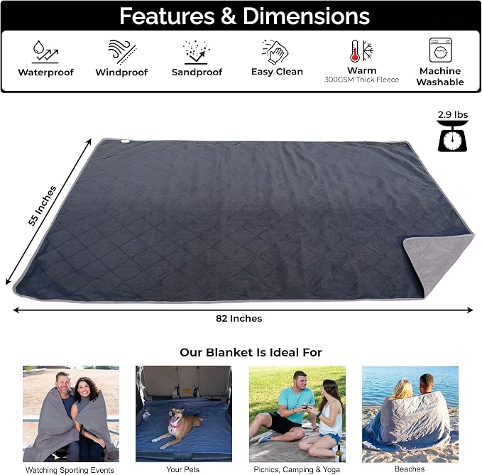 BRAWNTIDE Large Waterproof Outdoor Blanket, Extra Thick Fleece, Warm, Windproof & Sandproof, Quilted Stadium Blanket for Sports Events, Beach, Camping, Picnics, Dogs & Car, 82" x 55