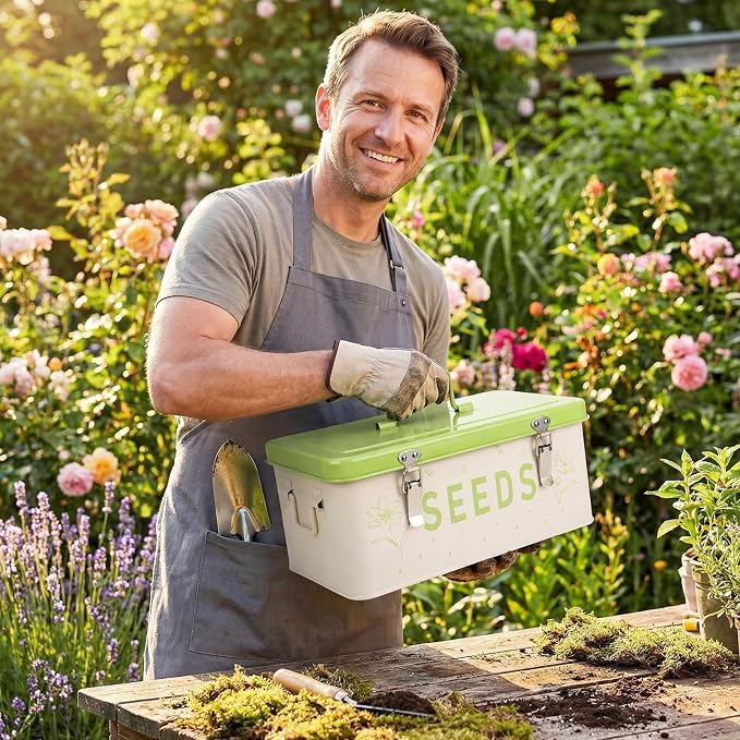 Seed Storage Organizer Box with 4 Compartments, Metal Seed Saving Container with Lockable Lid and Safety Locks, Includes 50 Envelopes, 100 Plant Labels, 50 Clips and Marker (Fruit Green)