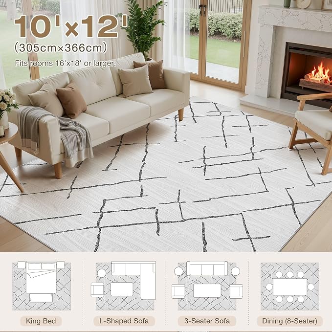 kakania Washable 10x12 Area Rug for Living Room: Boho Geometry Home Decor | Soft Stain Resistant, Low-Pile, Non-Slip, Pet & Kid Friendly, Thin Rug for Bedroom/Dining Room/Kids Dorm - Light Grey