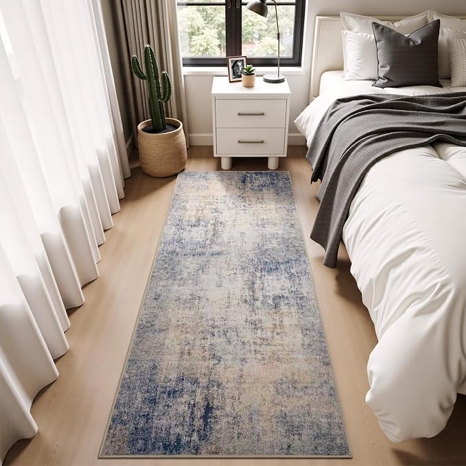 Joydeco 2x6 Runner Rug Modern Abstract Machine Washable Rug – Low Pile Faux Wool with Non-Slip Backing, Neutral Print Carpet Runner for Hallway, Kitchen, Entryway, Laundry and Bedroom, Beige&Blue&Pink