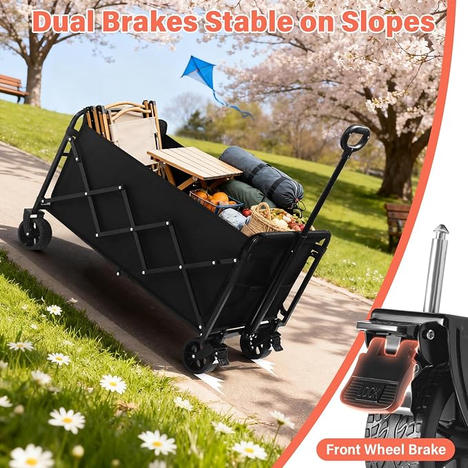 Collapsible Wagon Cart Foldable - Extra Large 500 lbs Capacity Portable Folding Beach Wagon with Wheels - 34'' Extra Long Heavy Duty Utility Cart for Groceries, Shopping, Camping, Sports - Black
