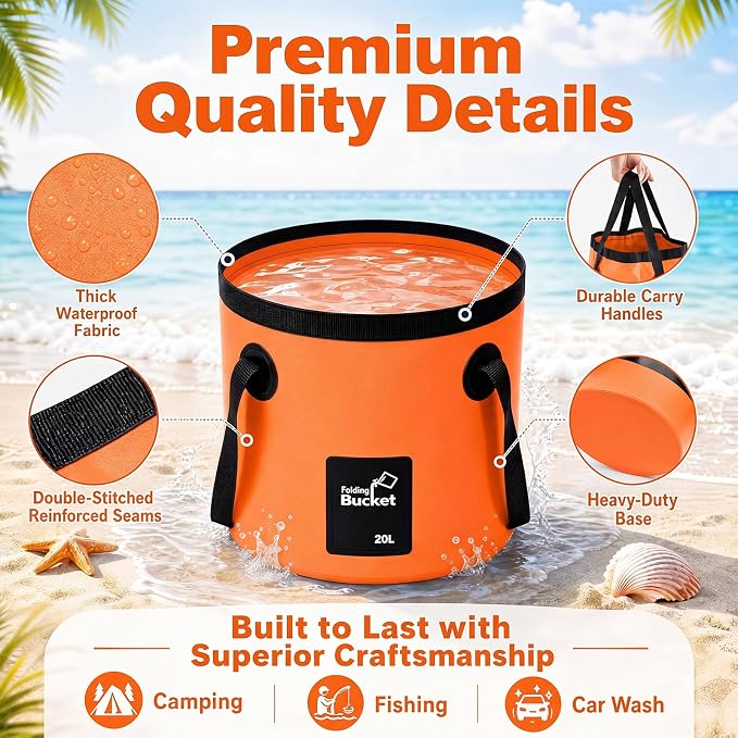 5 Gallon 4 Pack Collapsible Bucket, Foldable Water Bucket with Handles, Portable Camping Buckets for Fishing, Hiking, Cleaning, Outdoor & Travel Use (Orange)