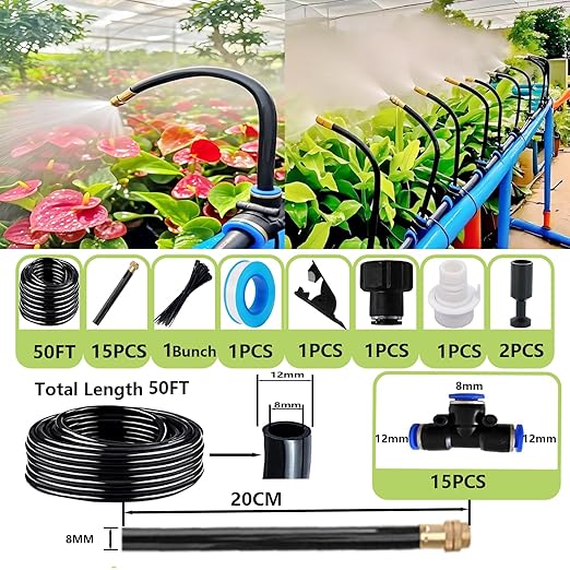 Drip Irrigation Kit Automatic Watering System for Potted Plants, 360 Degree Adjustable Copper Micro Sprinklers, Quick Connect Tubing Fittings for Garden, Lawn, Patio, Balcony (50 FT Ⅱ)