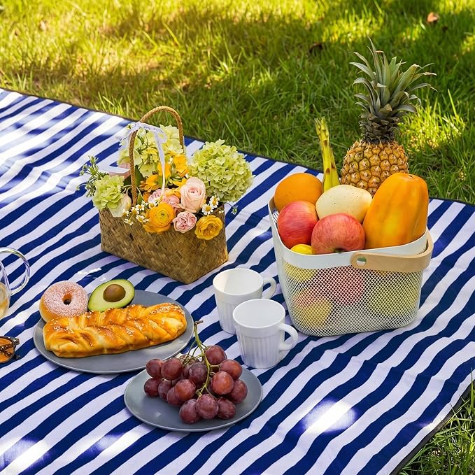 80" x 100" Extra Large Picnic Blankets Beach Mat Sandproof Waterproof Foldable Oxford Blue Strip Blanket Beach Mat Fall Picnic Stuff for Family Camping Hiking Party Park Travel Grass