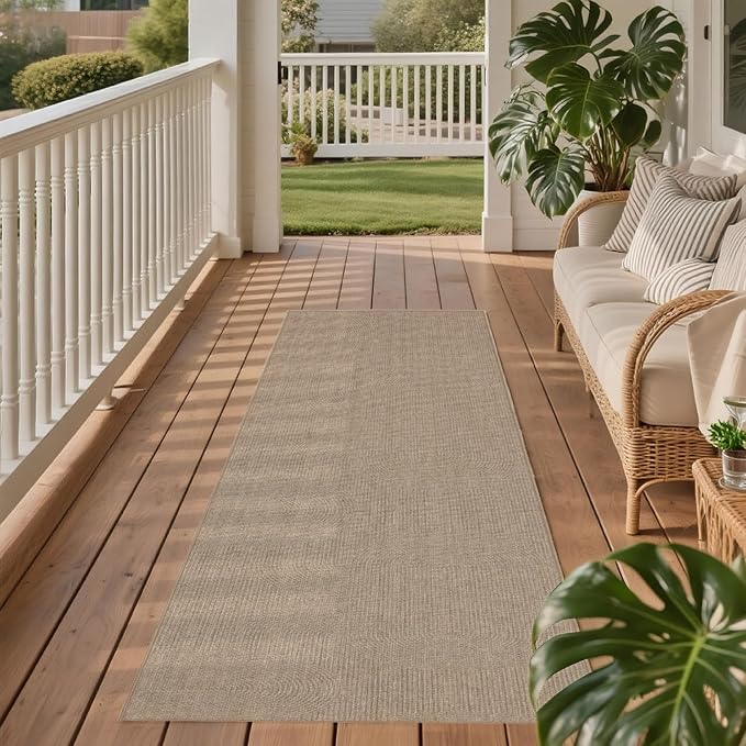 Outdoor Easy Jute Runner Rug: 2x6 Modern Natural Area Rugs for Front Patio Hallway Linen-Look Fabric Durable - Neutral Washable Mat for Entryway Kitchen Bedroom - Swirl Curved Pattern