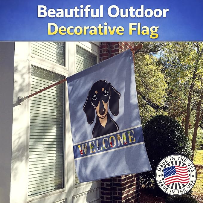 Caroline's Treasures BB1401CHF Smooth Black and Tan Dachshund Welcome House Flag, Blue Large Porch Sleeve Pole Decorative Outside Yard Banner Artwork Wall Hanging, Polyester, House Size, Multicolor