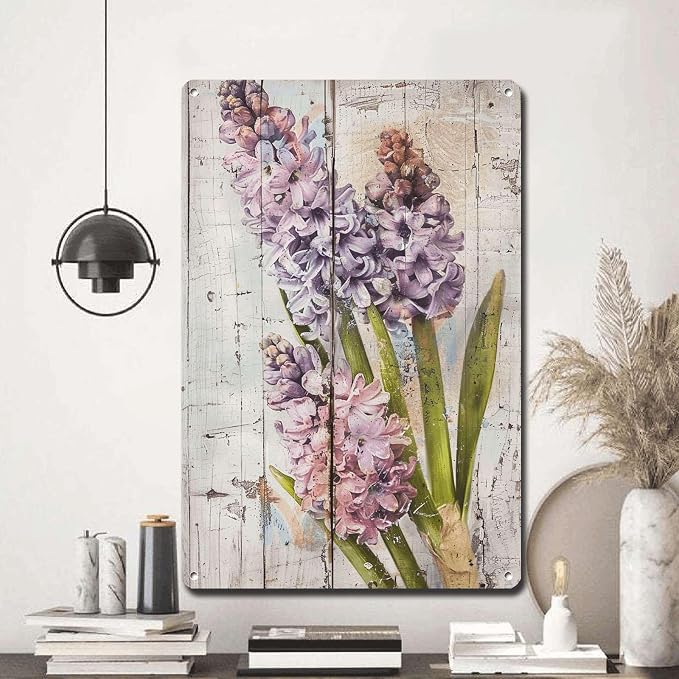 Metal Sign Tin Sign Vintage Wall Art Shabby Chic Hyacinths Tin Sign for Spring Celebrations Rustic Bloom Displays and Distressed Wood Funny Bathroom Decor for Club 12×16 Inches