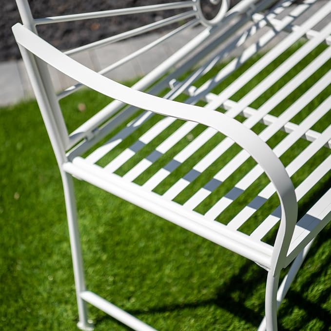 XBrand 44" L Iron Sun-Patterned Seat for Two, Patio & Porch Furniture for Park, Yard, Lawn, Balcony, Backyard – White