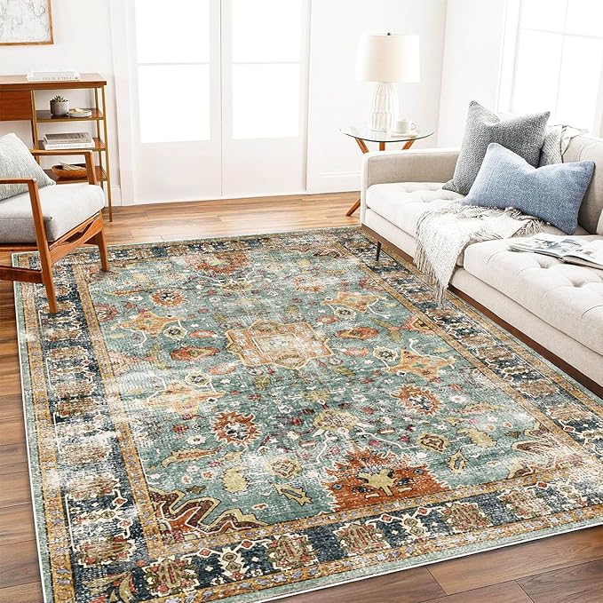 CHAMPLANT Area Rug 8'x10' Washable Rug Vintage Traditional Mat Distressed Indoor Foldable Thin Retro Accent Floral Print Non Slip Carpet for Living Room Dining Room Office
