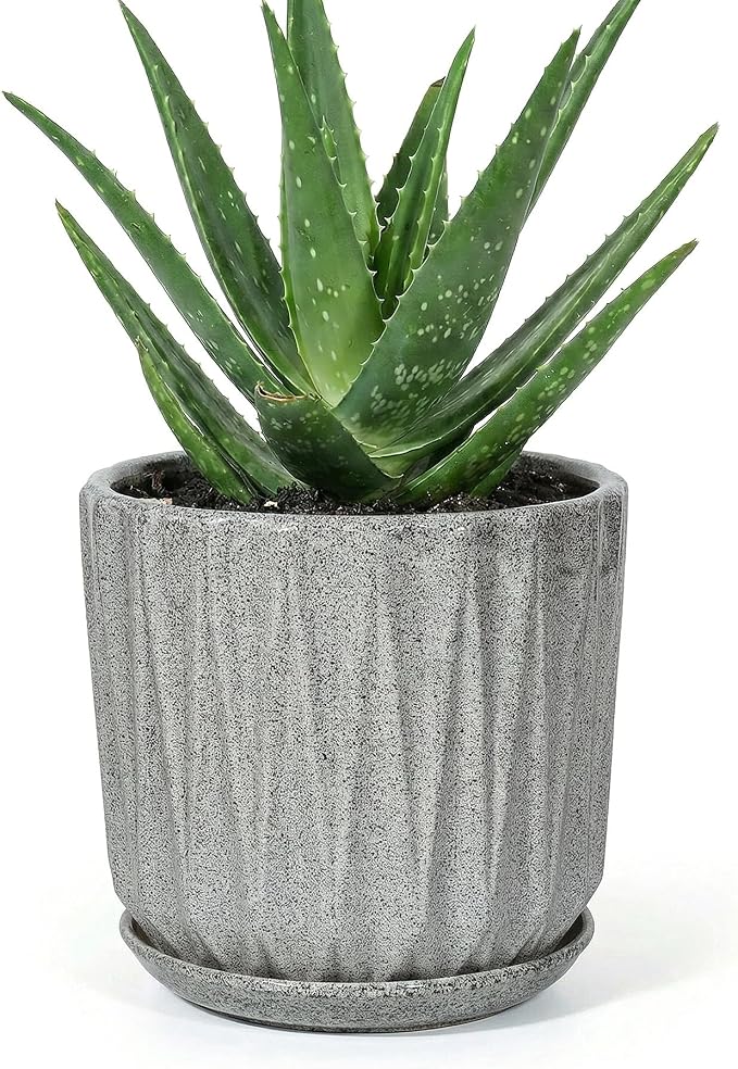 7.5 Inch Ceramic Planter Pot with Saucer Drainage Leak-Proof Mesh,Flower Pots for Indoor Plants with Gardening Gloves,Ceramic Planter(Stone Grey)