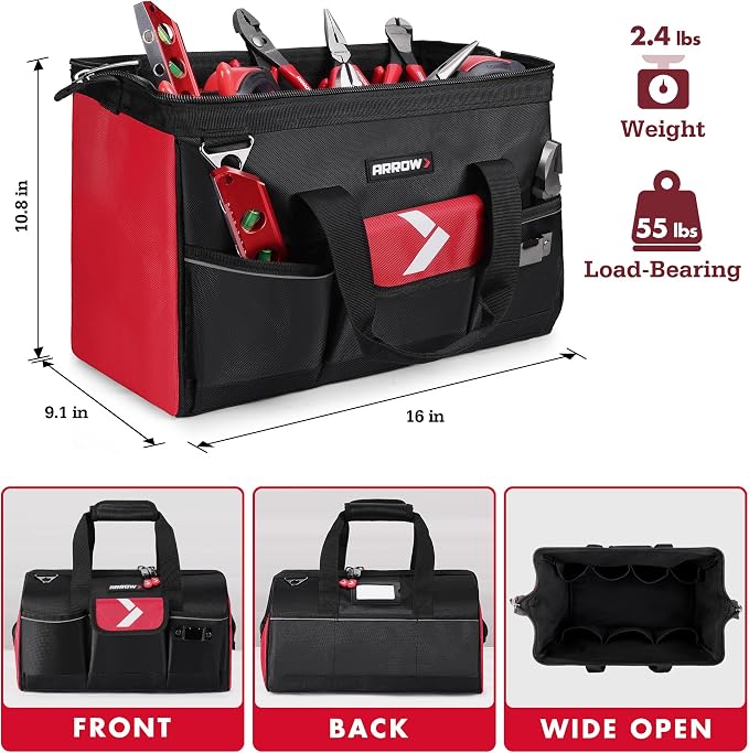 ARROW 16" Tool Bag Organizer with Anti-Slip Feet, Tool Bags for Men Heavy Duty, Wide Open Mouth, Large Capacity with 13 Pockets, Portable Toolbag for Electrician Mechanic Plumber HVAC