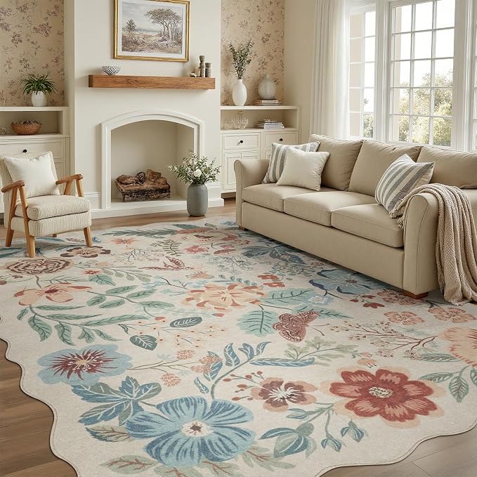 DCX Vintage Floral Washable Area Rug 5x7, Non Slip Low Pile Rug, Sage Green | Rugs for bedroom, living room, dining room, office, soft, kid & pet friendly, sain resistant indoor carpet, home decor