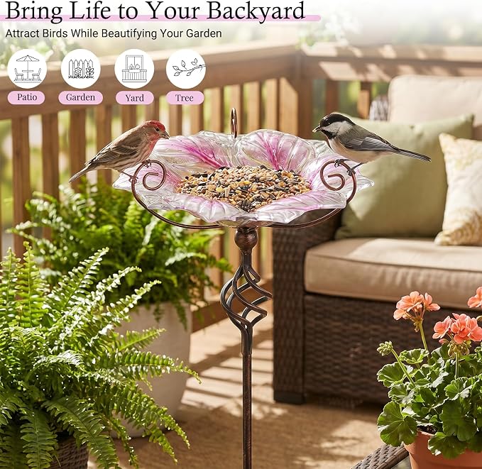 VCUTEKA Glass Bird Bath Outdoor BirdBath Bird Feeder with Metal Stake Garden Decor, Pink