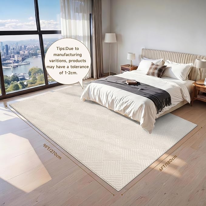 6x9 Living Room Area Rug, Beige Soft Geometric Fluffy Bedroom Mat | Washable Modern Indoor Floor Mat, Non Slip Shaggy Boho Accent Throw Carpet for Office, Dorm, Nursery and Dining Room