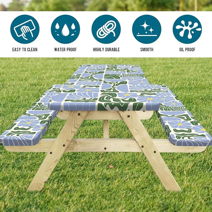 Picnic Table Covers with Bench Covers Boho Patchwork Blue Green Flower Pattern Camping Tablecloth Fitted Picnic Table Cover with Elastic Windproof Waterproof, Camping Accessories Outdoor, 72In 3PCS
