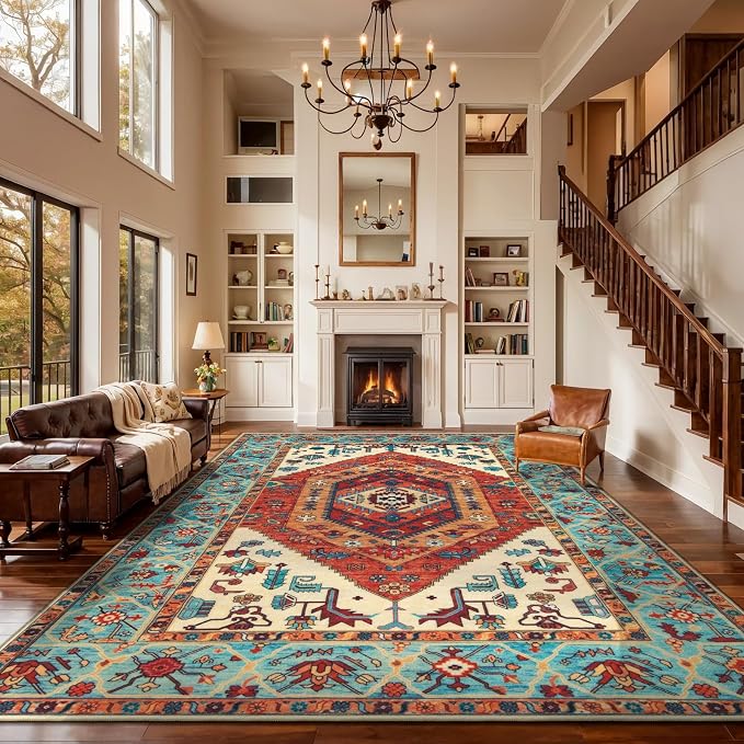 SERISSA 9x12 Washable Non Slip Boho Area Rug for Living Room，Orange | Ultra Soft Vintage Oriental Carpet Low-Pile Distressed Tribal Throw Carpet for Dining Room Bedroom Dorm Office Home Decor