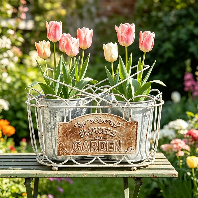 Vintage 2-Piece Metal Planter Set, Distressed White Iron Wire Basket with Flowers Garden Sign, Rustic Farmhouse Plant Pots for Tabletop, Window Sill & Balcony Decor