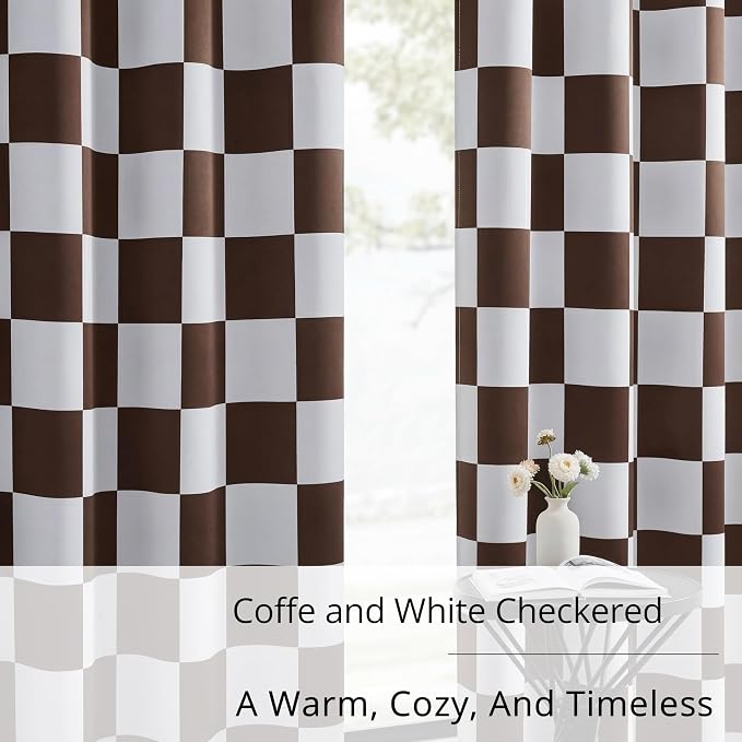 100% Blackout Checkered Curtains – 2 Panels, Each W52×L96, Thermal Insulated, Nosie Reducing for Bedroom, Modern Brown and White Checkerboard Design