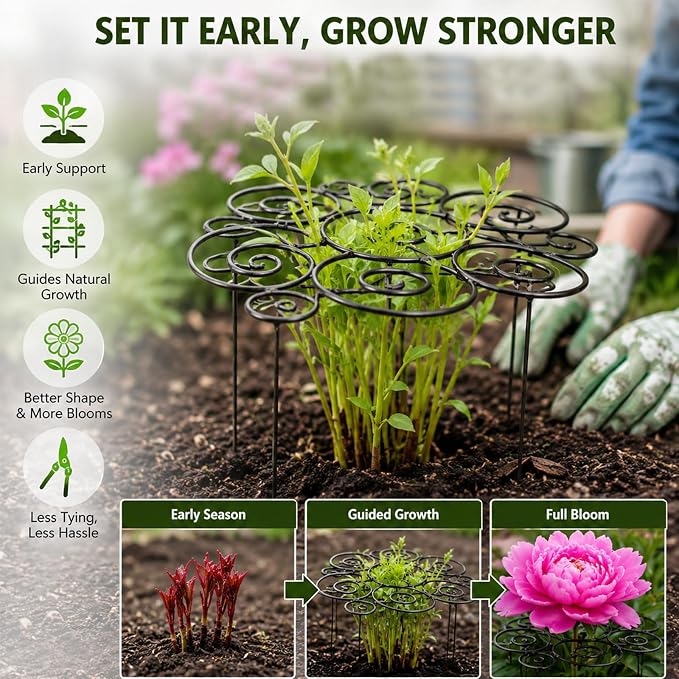 Metal Plant Support Ring for Garden, Heavy-Duty Peony & Dahlia Cage, Stackable Flower Support for Indoor & Outdoor Plants, Decorative Grow-Through Ring, Orchid Clip
