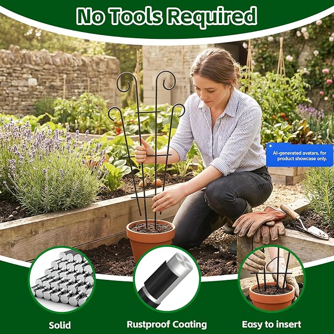 Thealyn 4 Pack 32 Inch Plant Trellis for Potted Plants, Metal Garden Trellis for Climbing Plants, Indoor Outdoor Decorative Vine Support for Pots, Wave Shape, Black