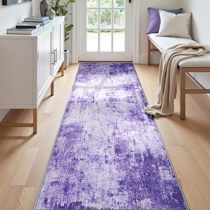 RELEANY Washable Runner 2'x6' Abstract Area Rug for Hallway Purple | Carpet for Kitchen, Entryway, Bathroom, Living Room, Bedroom, Printed Pattern, Non‑Slip, Soft, Stain‑Resistant, Easy to Clean