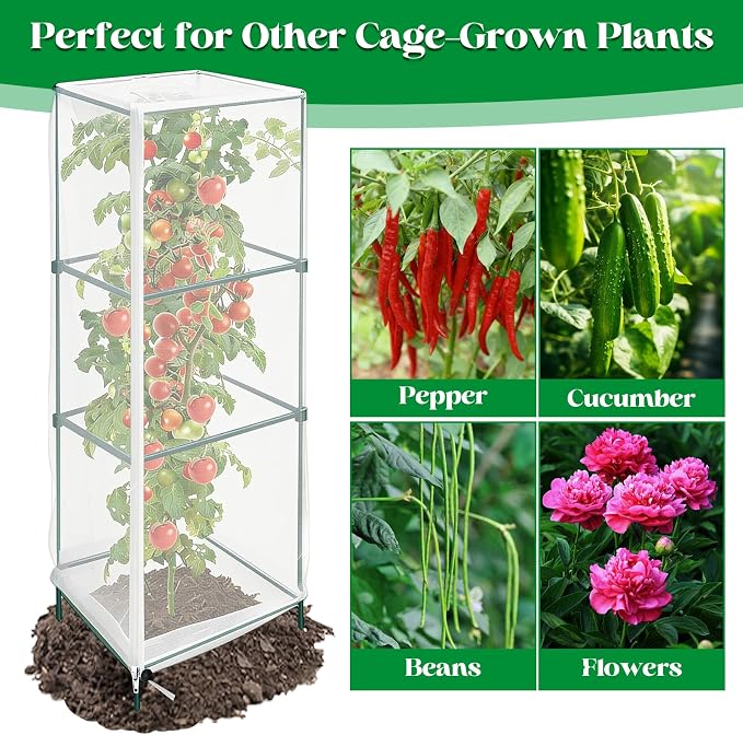 6 Pack Tomato Cage Netting Covers for Square Tomato Cages, 41.4" × 17.4" Fine Mesh Garden Netting with Easy-Access Zipper & Adjustable Drawstring, Durable Bird & Insect Barrier for Tomato Plants