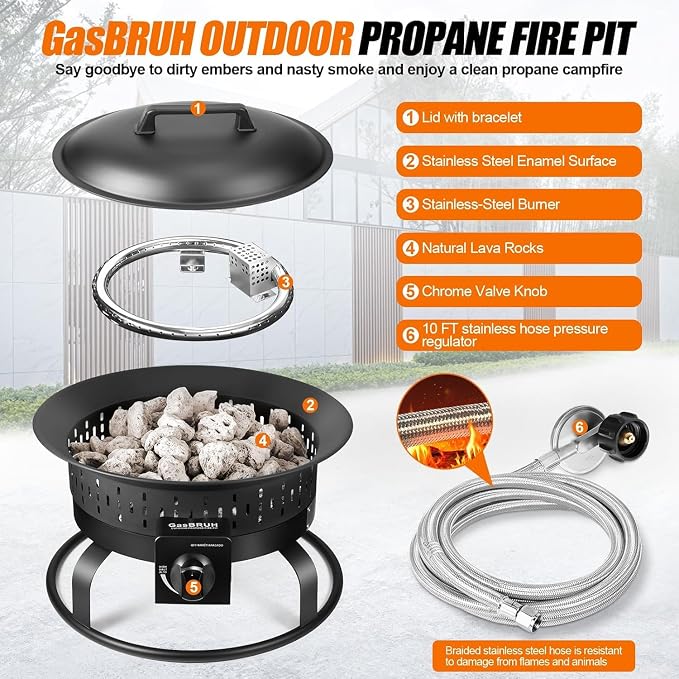 GasBRUH 19″ Outdoor Portable Propane Fire Pit with Grill Grate, Cover&Carry Kit,60,000 BTU Camping Propane Firepit,Smokeless Gas Firebowl, Portable Gas Fire Pit for Outside Patio,Camping,RV