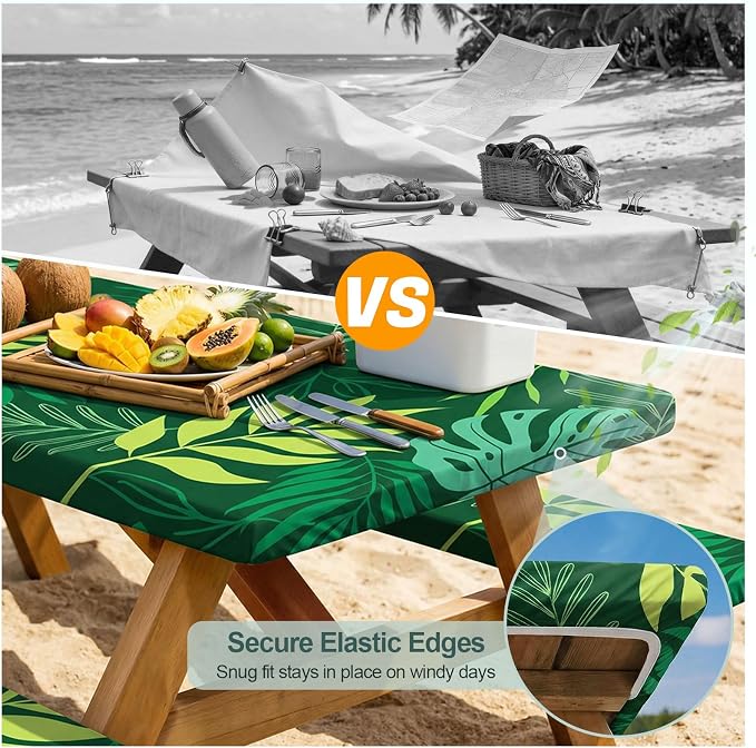 Picnic Table Cover with Bench Covers Camping Essentials Waterproof Windproof Camping Tablecloth with Drawstring Bag, Fitted Rectangle Tables and Seats, 72in, Dark Green